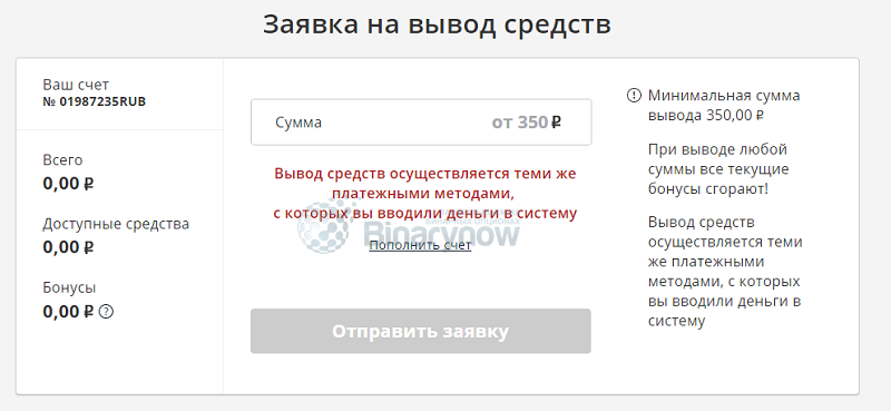 Заявка на снятие капитала